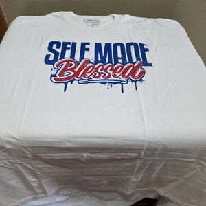 White Graphic Tee with Blue and Red Print